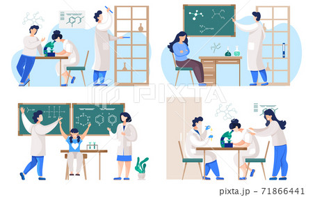 Professional chemists in their laboratory makes different experiments on the table with fkasks 71866441