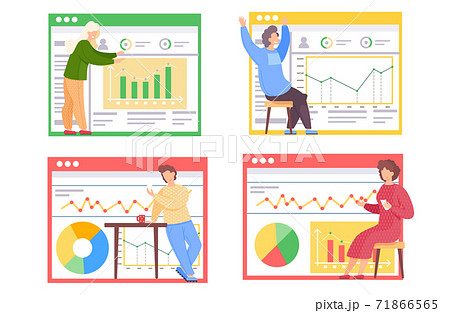 A set of illustrations on the topic of working with data graphs. People play cards and do analytics A set of illustrations on the topic of working with data graphs. People play cards and do analytics 71866565