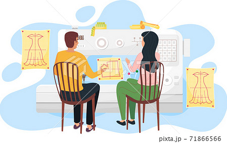 Fashion designers, seamstressers are sitting near the sketch with dress and discussing about model Fashion designers, seamstressers are sitting near the sketch with dress and discussing about model 71866566