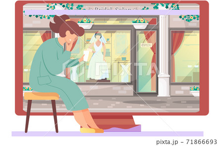 Wedding dress shop. A woman sitting near monitor with bridal salon storefront. Wedding preparations 71866693