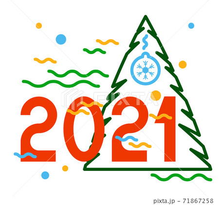 Happy new year 2021 text. Figures, spruce, New Year's ball in strict, straight lines. Template for your holiday flyers, greeting and invitation cards, website headers, advertisements. Vector 71867258