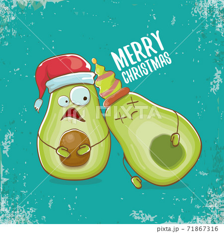 Merry chirstmas vector funky greeting card with with santa claus avocado character and his elf friend on azure background. Vector funny christmas party poster design template 71867316