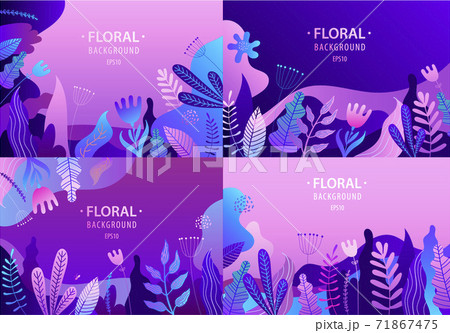 Vector set of flat illustration, banner with florals, leaves, flowers, sky. Bright vibrant gradient colors, background for web, landing, cosmetics, packaging 71867475