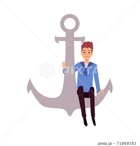 Young sailor or shipboy sits on ship anchor, flat vector illustration isolated. Young sailor or shipboy sits on ship anchor, flat vector illustration isolated. 71868581