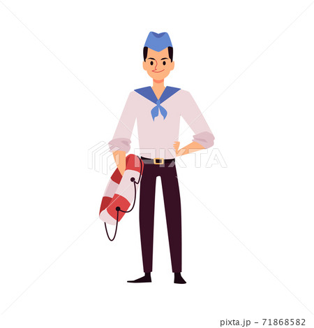 Young sailor or seaman character with lifebuoy flat vector illustration isolated. Young sailor or seaman character with lifebuoy flat vector illustration isolated. 71868582