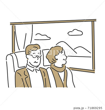 旅の道中で窓から見える景色を眺めるシニア夫婦のイラスト素材のイラスト素材