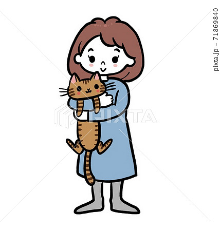 猫を抱っこする女の人のイラストのイラスト素材