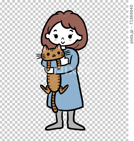 猫を抱っこする女の人のイラストのイラスト素材