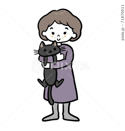 猫を抱っこするシニア女性のイラストのイラスト素材