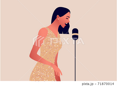 Elegant women in red dress singing in microphone 71870014