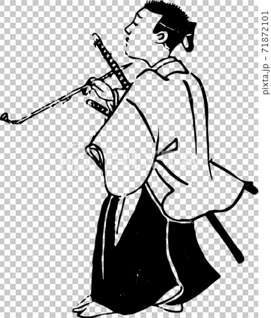 歩きながら煙管を吹かす侍のイラスト素材