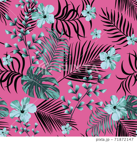 Blue hibiscus flowers seamless pattern pink background Blue hibiscus flowers seamless pattern pink background 71872147