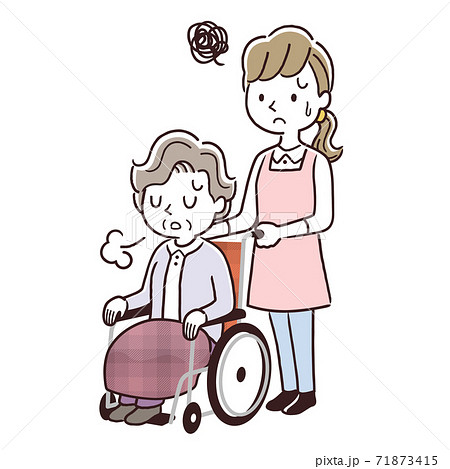 ベクターイラスト素材 落ち込んだ様子の車椅子に乗るシニア女性と介護スタッフの女性のイラスト素材