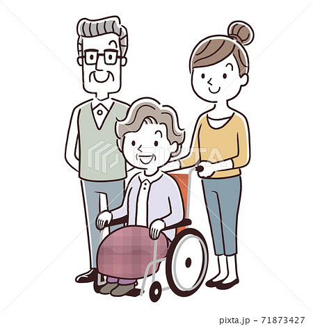 ベクターイラスト素材：車椅子に乗るシニア女性とシニア男性と若い女性、家族 71873427
