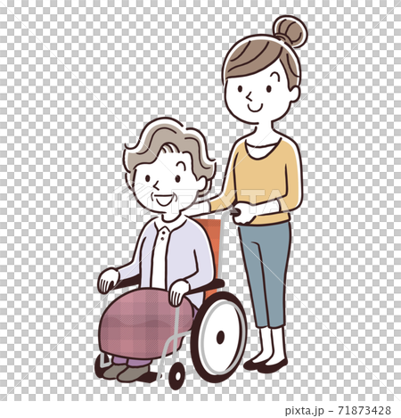 ベクターイラスト素材：車椅子に乗るシニア女性と若い女性、親子 71873428