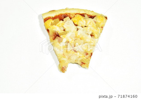 piece of Hawaiian pizza topping sausage and cheese biting on white background 71874160