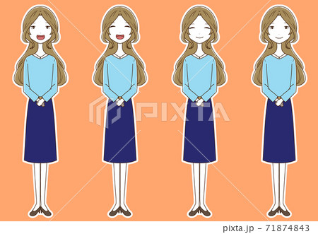 白フチつきの笑顔の綺麗系の女性の立ち絵の全身イラスト表情差分セットのイラスト素材