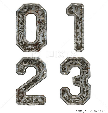 Mechanical alphabet made from rivet metal with gears on white background. Set of numbers 0, 1, 2, 3. 3D 71875478