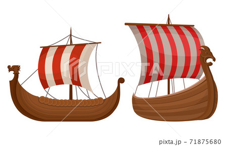Scandinavian Marine Vessels or Viking Ship with Dragon Head Vector Set Scandinavian Marine Vessels or Viking Ship with Dragon Head Vector Set 71875680