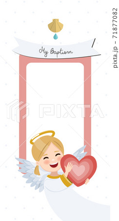 Happy angel with red heart. Baptism vertical invitation with message. Vector illustration Happy angel with red heart. Baptism vertical invitation with message. Vector illustration 71877082