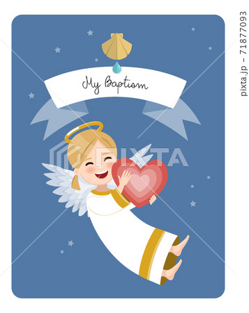 Happy angel with red heart. Baptism reminder on blue sky and stars background. Vector illustration Happy angel with red heart. Baptism reminder on blue sky and stars background. Vector illustration 71877093