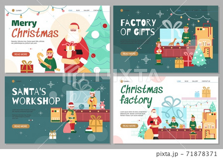 Set Christmas web banners with Santas toys factory cartoon vector illustration. Set Christmas web banners with Santas toys factory cartoon vector illustration. 71878371
