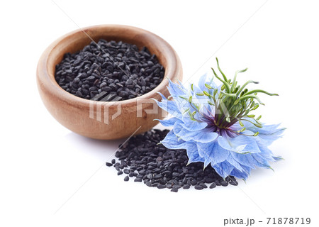 Black cumin seeds with flower on white background 71878719