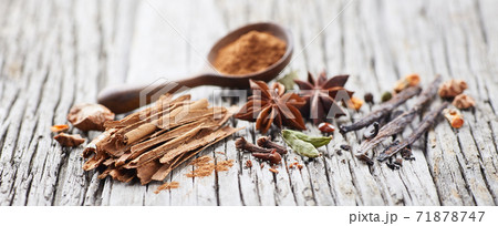 Spices on wooden old background Spices on wooden old background 71878747