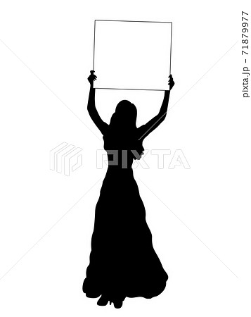 Silhouette woman holds banner placard blank white sheet for text space Silhouette woman holds banner placard blank white sheet for text space 71879977
