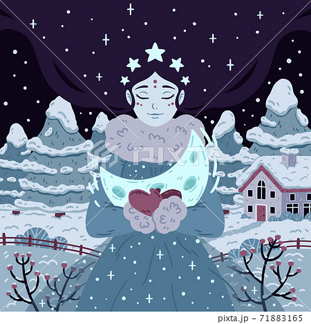 Princess of starry winter night with crescent. Beautiful woman with long hair on background with trees and house. Vector illustration for poster, greeting cards. Picture for children fairy tale book. Princess of starry winter night with crescent. Beautiful woman with long hair on background with trees and house. Vector illustration for poster, greeting cards. Picture for children fairy tale book. 71883165
