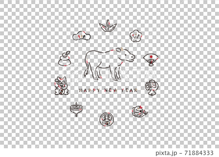 2021線画アイコン年賀状　横　円のレイアウト　HAPPY NEW YEAR 71884333