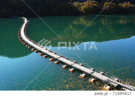 11月 奥多摩町124麦山の浮橋 ドラム缶橋 と奥多摩湖の紅葉の写真素材