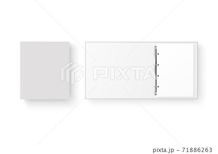 Vector 3d Closed and Opened Realistic White Blank, Empty Office Binder Set with Metal Rings and A4 Paper Sheet Closeup Isolated on White Background. Design Template, Mockup, Top View 71886263
