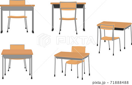角度別シンプルな学校の教室にある椅子と机のイラストセットのイラスト素材 7184