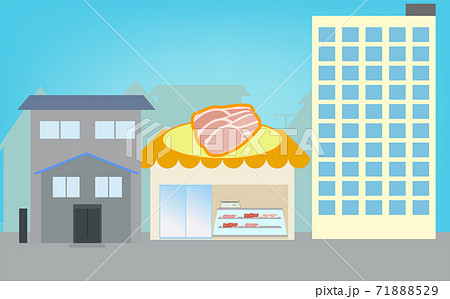 可愛いくてシンプルな町にある肉屋さんと街並みのイラストのイラスト素材