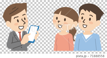 若い夫婦にスマホで説明する男性ビジネスマン 若い夫婦にスマホで説明する男性ビジネスマン 71888558