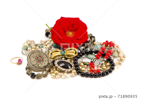 various jewellery with red rose isolated on white various jewellery with red rose isolated on white 71890935