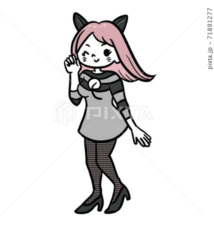 猫耳をつけてコスプレをした女の子のイラストのイラスト素材