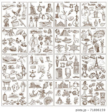 Worldwide traveling and tourism landmarks and attractions sketches sightseeing 71896159