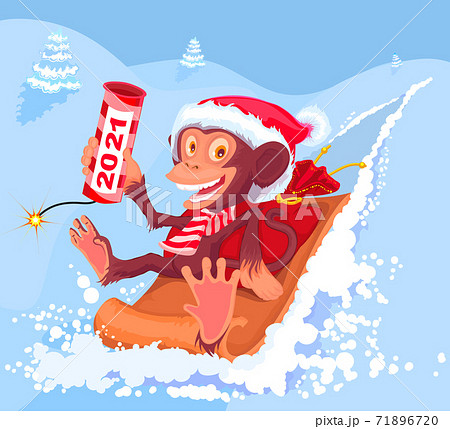 Monkey on sled rides down mountain. Christmas vacation break firecracker 2021 71896720