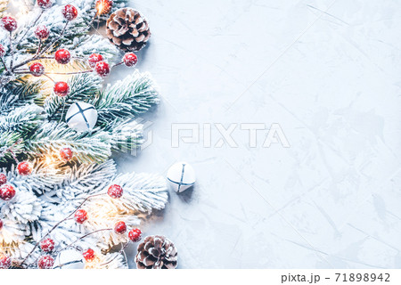 Christmas background of snow-covered branches with berries. Christmas background of snow-covered branches with berries. 71898942