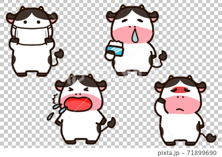 牛のキャラクターと風邪の症状セットのイラスト素材