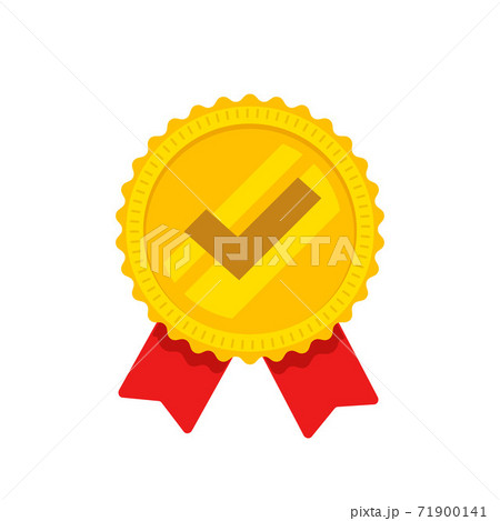 Award rosette ribbon with check mark as achievement golden medal vector icon flat cartoon illustration, idea of recommended certified service label stamp, quality winner, guarantee concept Award rosette ribbon with check mark as achievement golden medal vector icon flat cartoon illustration, idea of recommended certified service label stamp, quality winner, guarantee concept 71900141