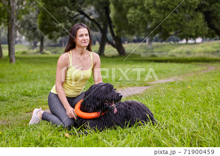 Briard with black hair lies on grass in park with female owner. Briard with black hair lies on grass in park with female owner. 71900459