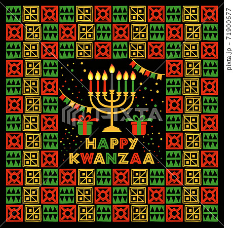 Banner for Kwanzaa with traditional colored and candles representing the Seven Principles or Nguzo Saba . Banner for Kwanzaa with traditional colored and candles representing the Seven Principles or Nguzo Saba . 71900677