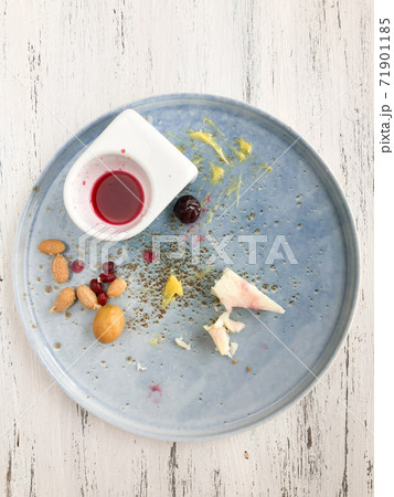leftovers of a breakfast on a wooden table leftovers of a breakfast on a wooden table 71901185