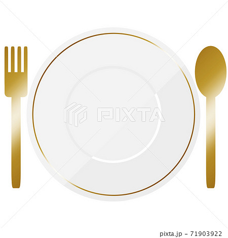 お皿とカトラリー ホワイト ゴールド スプーンとフォークのイラスト素材