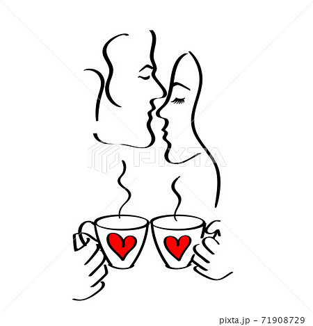 Couple silhouette are holding cups red hearts in hands. 71908729