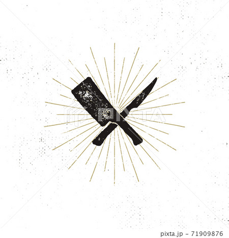meat cleaver and knife symbols. Vintage steak house symbol. Letterpress effect with sunbursts. Vector design 71909876