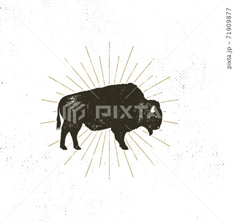bison icon silhouette. Retro letterpress effect. Buffalo symbol with sunbursts isolated on white background. Use for steak house logo, infographics, logotype. design 71909877